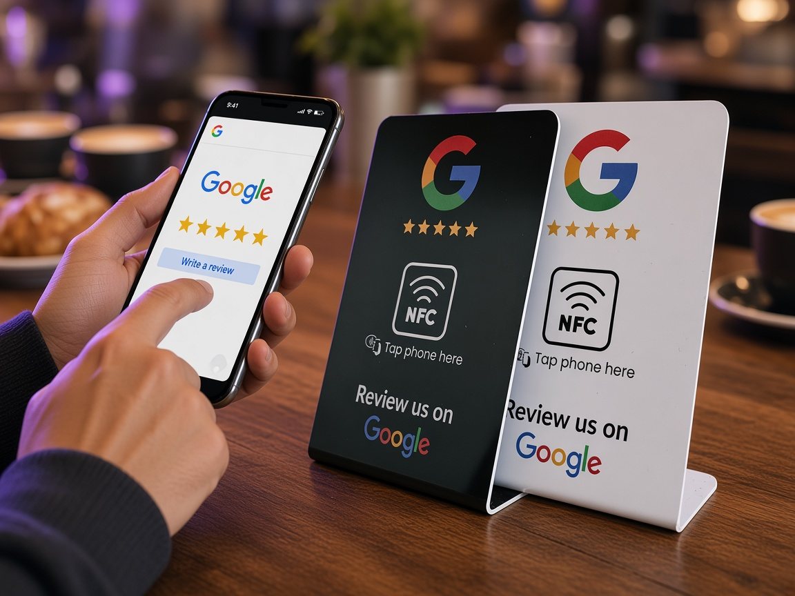 A customer tapping a phone on black and white Google review NFC stands on a café counter